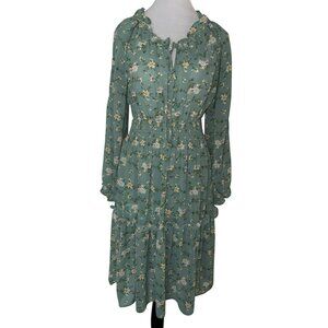 Lulus Floral Sage Green Long Sleeves & Ruffled Neckline Midi Dress Size Small